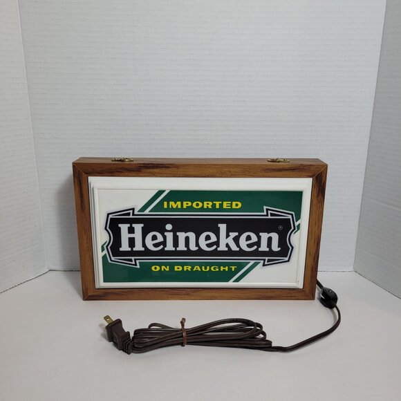 *SOLD* Heineken Beer Imported 12 Inch Backlit 1970 Wood Sign Tavern Trove Tested - Picture 3 of 11